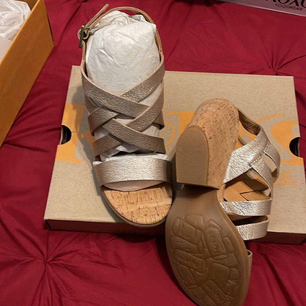 Kork-Ease Metallic Champagne Cork Wedge Sandals - Picture 2 of 3